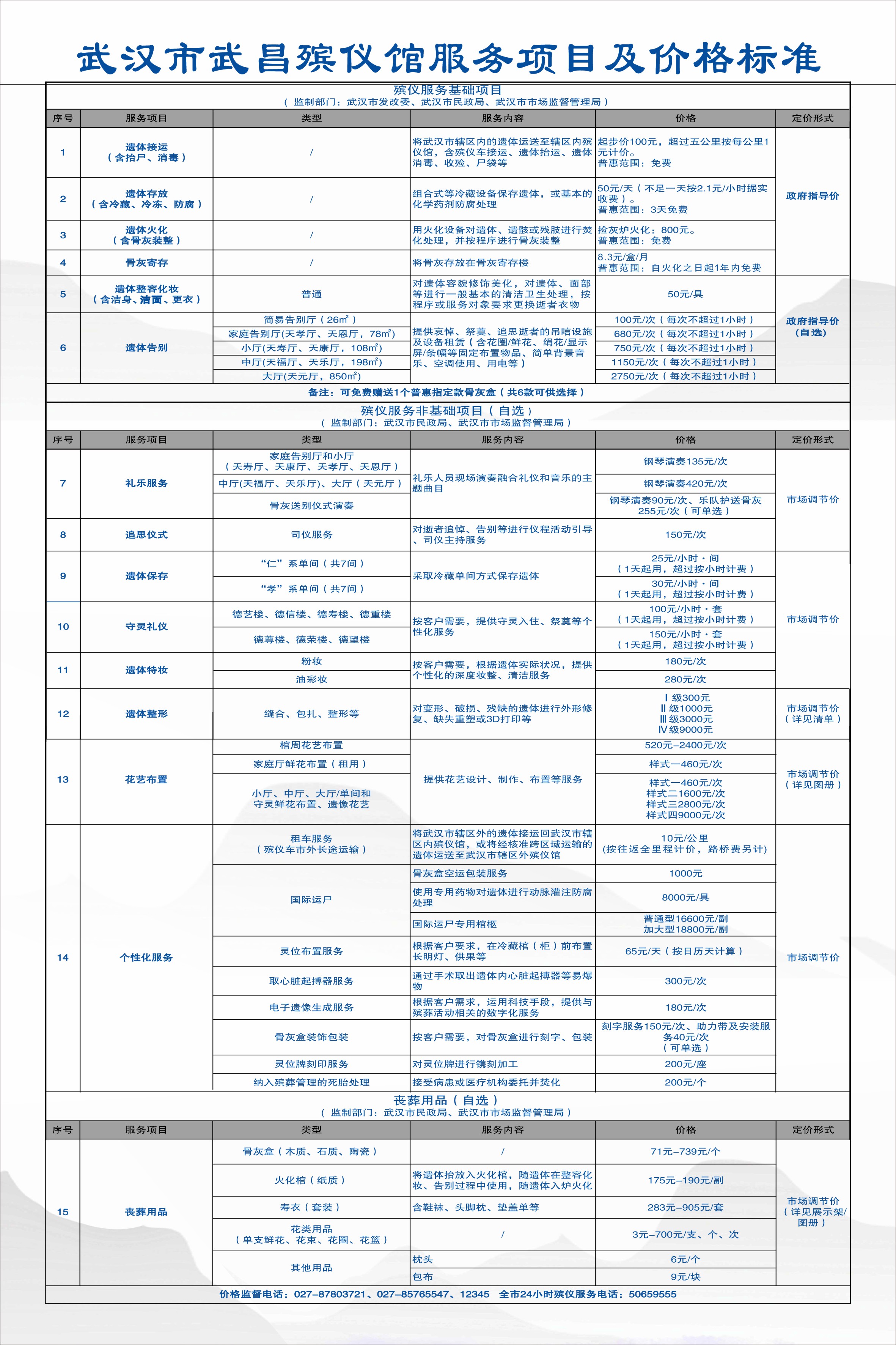 服务项目及价格标准